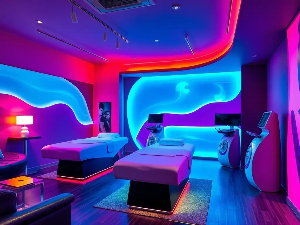 The BlueXado Spa location in Vaughan, Ontario, displaying a contemporary and stylish spa setting with vibrant colors and state-of-the-art massage equipment.