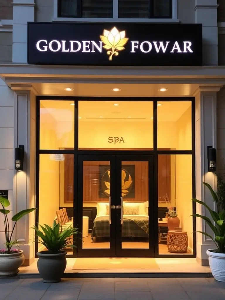 A serene image of the Golden Flower Spa's entrance in Unionville, showcasing its elegant exterior and welcoming ambiance.