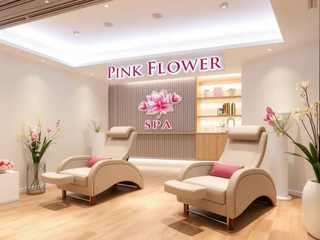The Pink Flower Spa location in Scarborough, Ontario, featuring a modern and elegant spa interior with soft lighting and comfortable massage chairs.