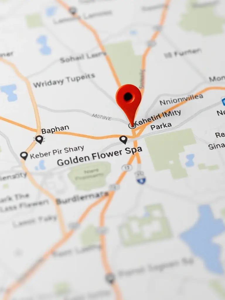 A map pinpointing the exact location of the Golden Flower Spa in Unionville, with nearby landmarks visible.