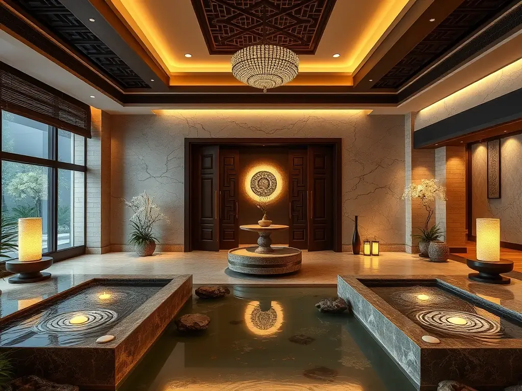 The Golden Flower Spa location in Unionville, Ontario, showcasing a luxurious and serene spa environment with traditional decor and calming water features.