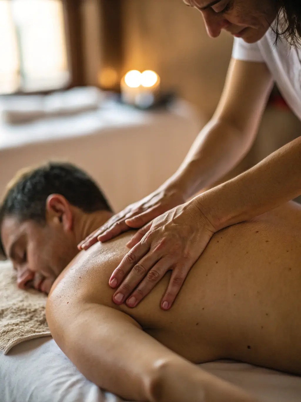 A close-up shot of a massage therapist's hands applying gentle pressure during a relaxation massage at the Golden Flower Spa.