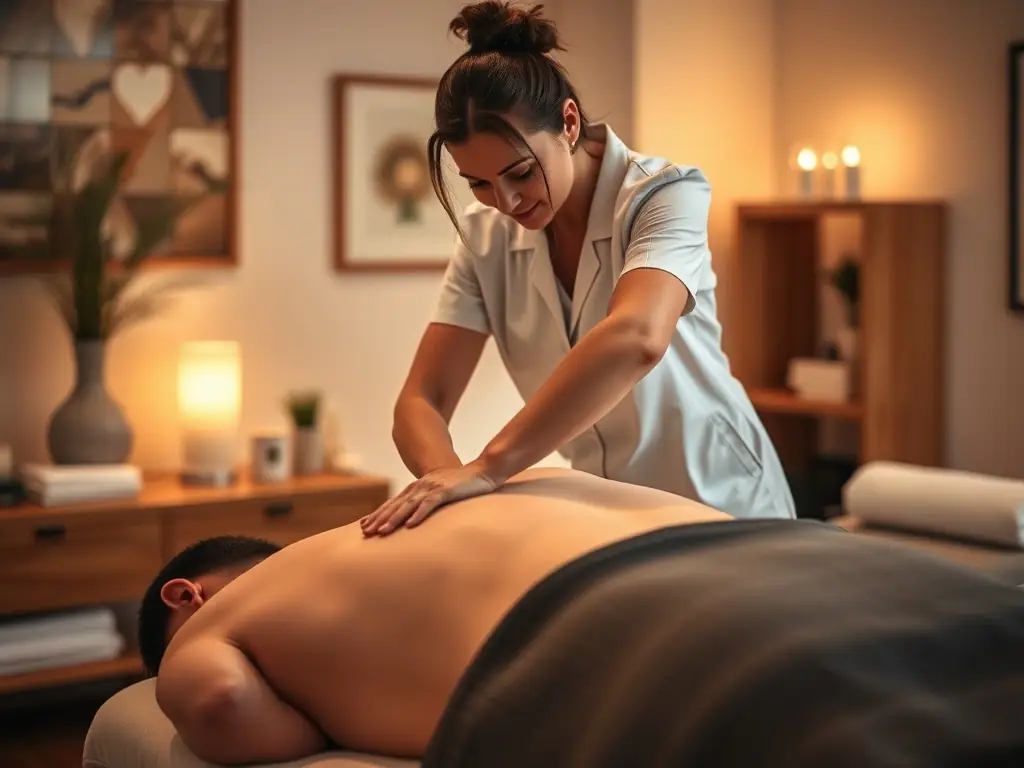 A therapist applying deep tissue massage techniques to a client's back, focusing on specific pressure points to relieve muscle tension.